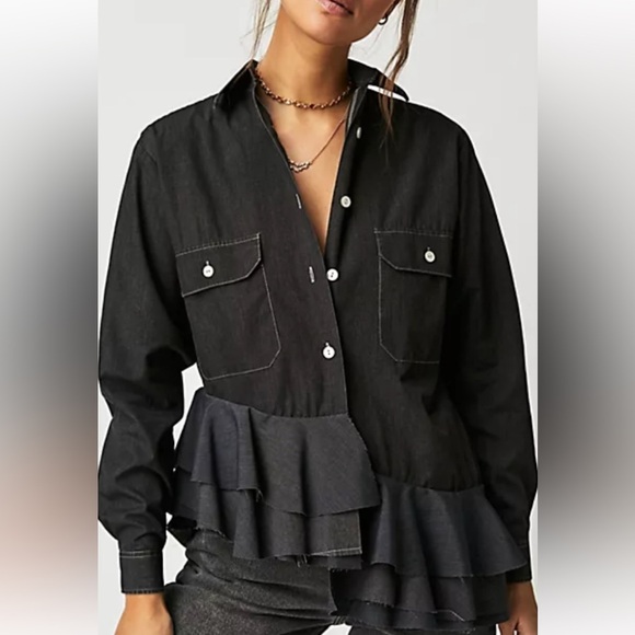 NWT Free People Tricia Fix Asymmetrical Ruffle Studded Heart top L - Picture 1 of 5